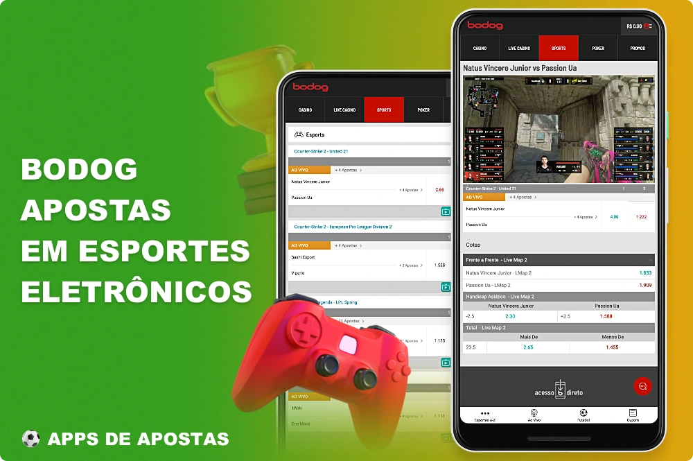O aplicativo móvel do Bodog não só permite que você aposte em esportes cibernéticos, mas também assista à cobertura de jogos ao vivo