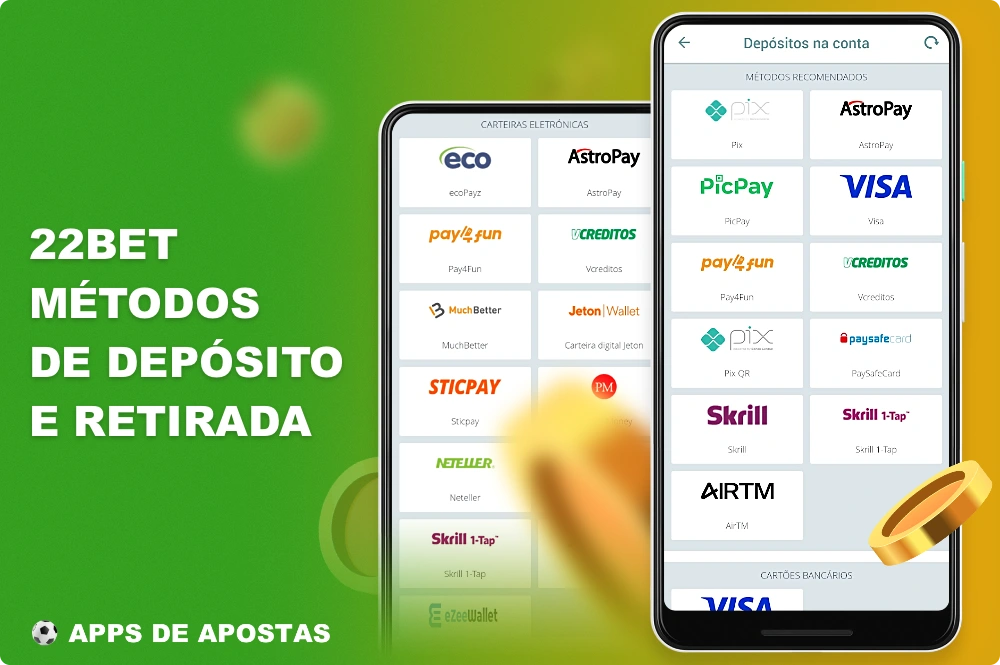 Para a conveniência dos usuários do Brasil, várias opções de pagamento estão disponíveis no aplicativo 22Bet