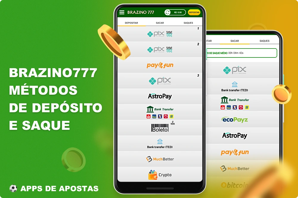 Para a conveniência dos usuários do Brasil, o aplicativo Brazino777 oferece uma variedade de métodos de pagamento que podem ser usados tanto para depósitos quanto para saques