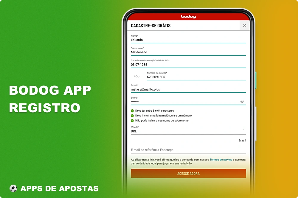 Para se registrar no aplicativo Bodog, os usuários do Brasil precisam fornecer todos os detalhes necessários