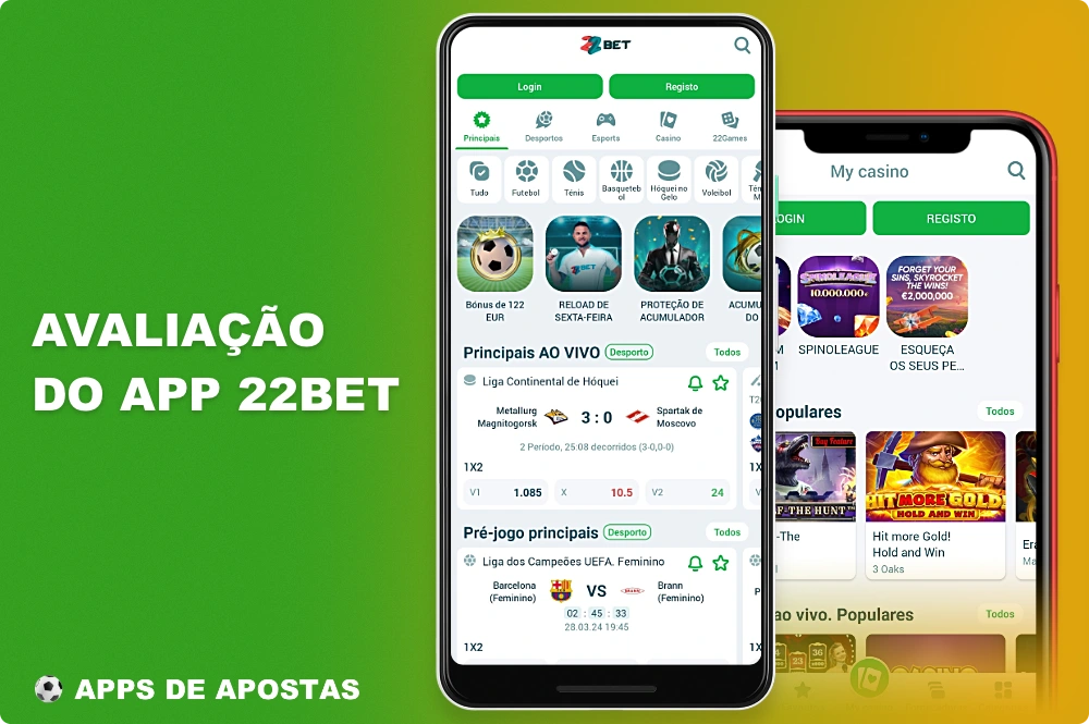 O aplicativo móvel 22Bet para apostas esportivas e cassino pode ser baixado gratuitamente para Android e iOS