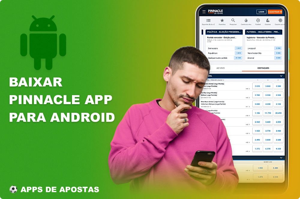 O aplicativo móvel da Pinnacle para Android é perfeitamente personalizado para o sistema e permite que você aposte e jogue jogos de cassino confortavelmente em qualquer lugar