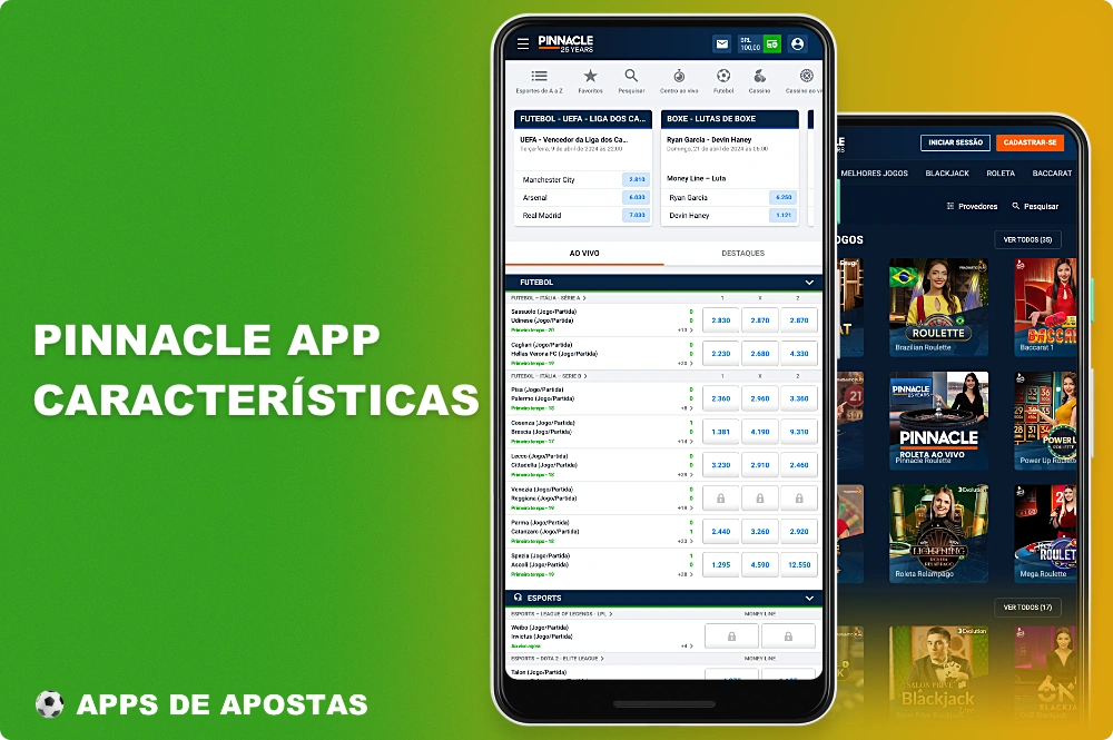O aplicativo móvel da Pinnacle permite que os usuários de Android e iOS do Brasil apostem em esportes, bem como joguem jogos de cassino on-line
