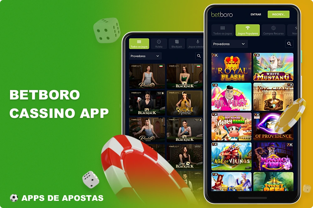O aplicativo Betboro apresenta uma variedade de jogos da seção de cassino: caça-níqueis, jogos de colisão, jogos com crupiê ao vivo e muito mais