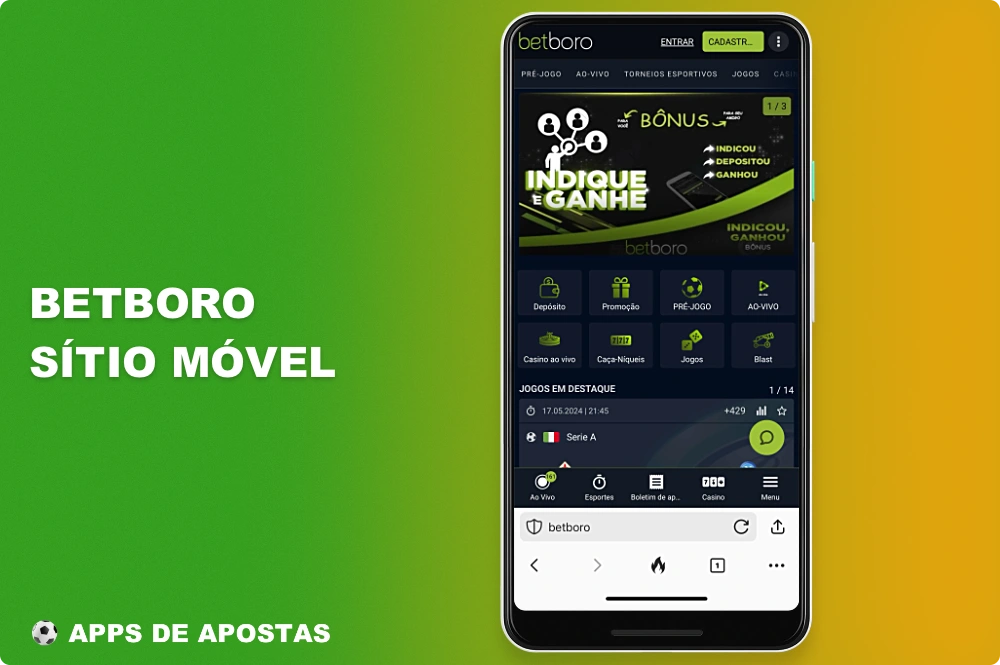 A versão móvel do site Betboro é adaptada para dispositivos móveis e permite que você aposte e jogue jogos de cassino confortavelmente