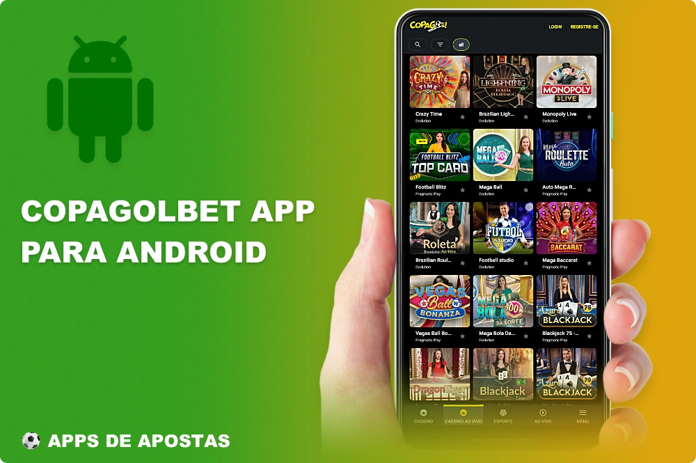 O aplicativo móvel do Copagolbet para Android permite que você jogue jogos de cassino e aposte em esportes em qualquer lugar