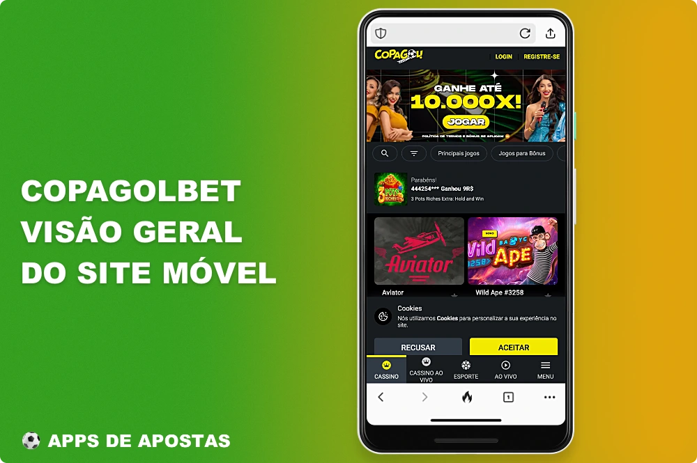 A versão móvel do site da Copagolbet é perfeitamente adaptada às telas dos smartphones e permite que você aposte e jogue jogos de cassino confortavelmente, mesmo sem instalar um aplicativo