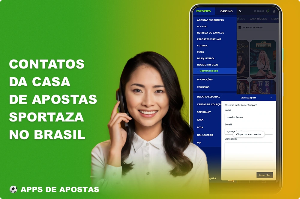O chat online está integrado no aplicativo Sportaza, o que lhe permite entrar em contato rapidamente com a equipe de suporte