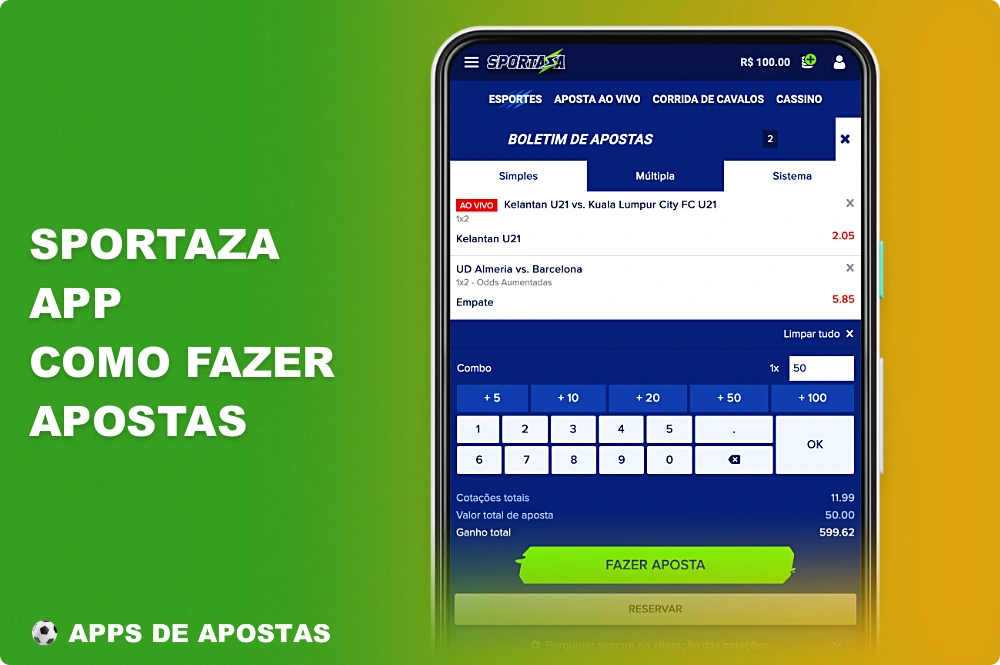 Para fazer uma aposta no aplicativo Sportaza, você deve recarregar o seu saldo, selecionar a partida em que está interessado e fazer uma aposta