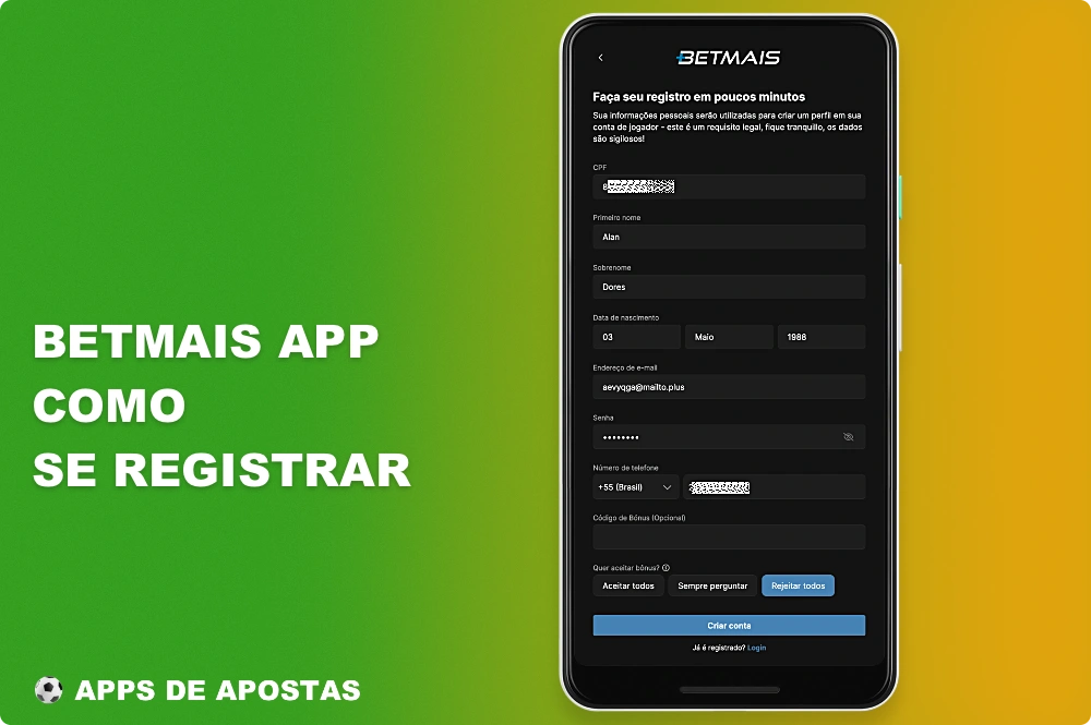 O registro no aplicativo Betmais dá aos usuários do Brasil acesso total à plataforma