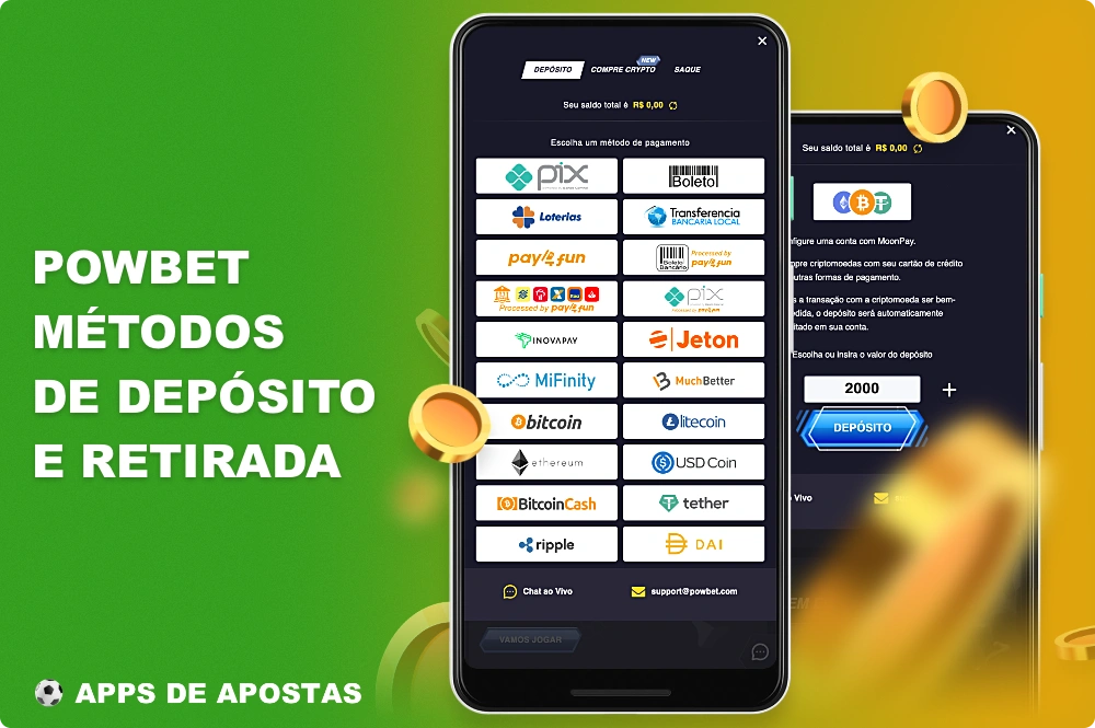 Para a conveniência dos usuários do Brasil, várias opções de pagamento estão disponíveis no aplicativo Powbet, incluindo criptomoeda