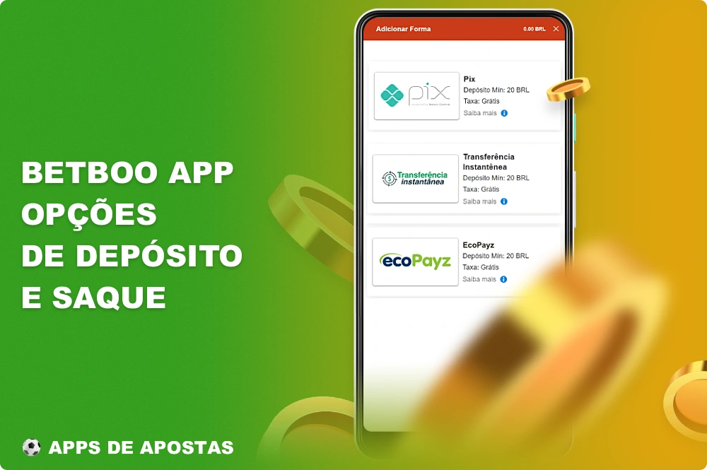 Você pode depositar e sacar dinheiro do aplicativo Betboo usando um dos seguintes métodos de pagamento