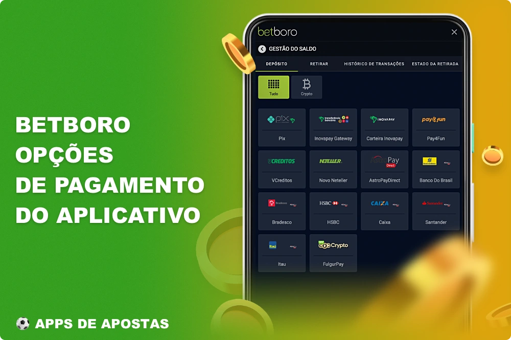 Há várias opções de pagamento disponíveis no aplicativo Betboro, que os brasileiros podem usar tanto para depósitos quanto para saques
