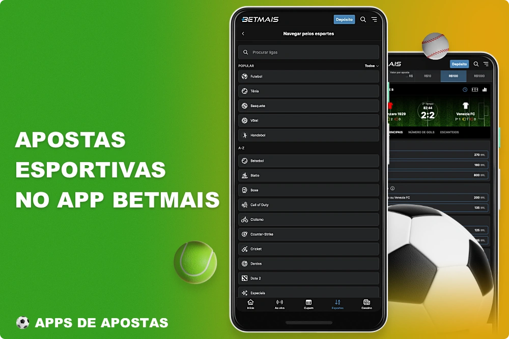 O aplicativo móvel Betmais permite que você aposte em dezenas de esportes, incluindo futebol, tênis, vôlei e muito mais