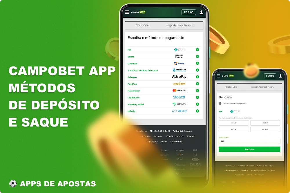 Para a conveniência dos brasileiros, várias opções de pagamento estão disponíveis no aplicativo Campobet