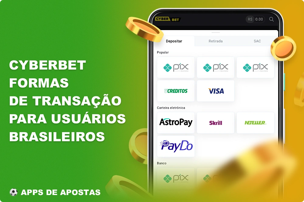 Para a conveniência dos brasileiros, várias opções de pagamento estão disponíveis no aplicativo Cyberbet